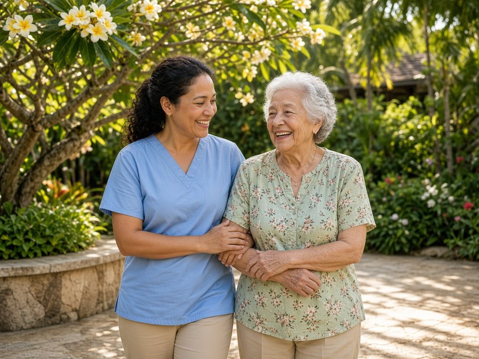 Friendly caregiver and smiling senior walking together in a shaded Hilo & East Hawaiʻi tropical garden with plumeria blossoms