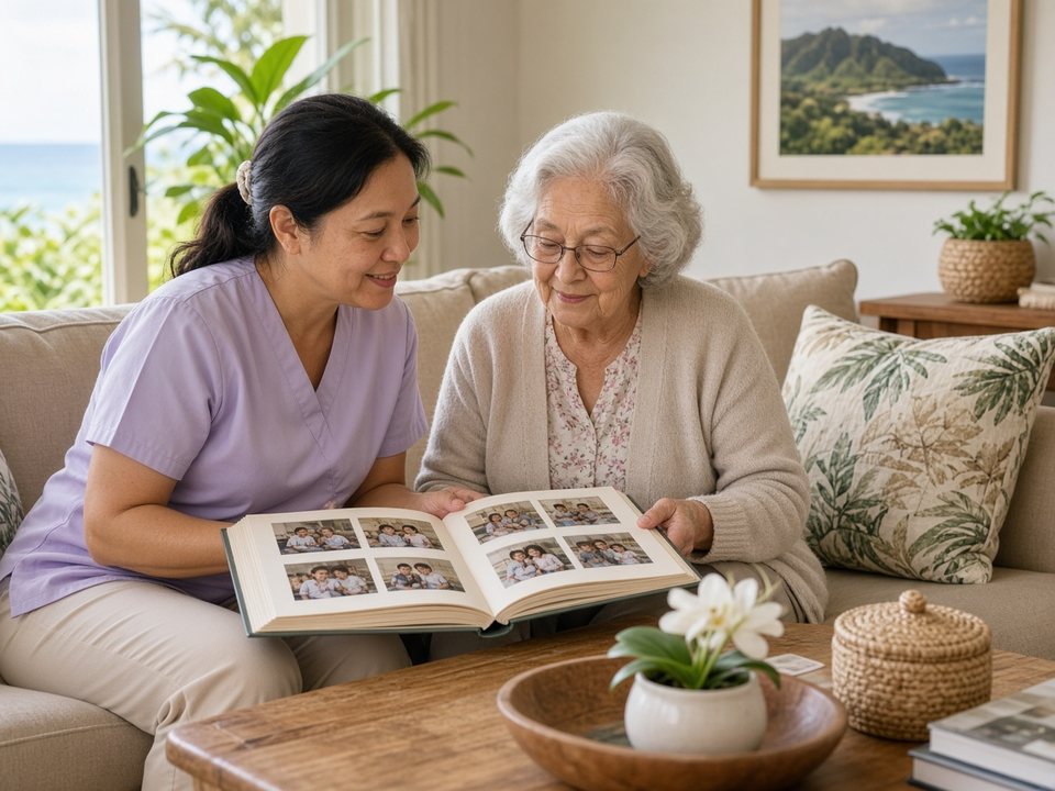 Calm supportive in-home memory care caregiver looking through a family photo album with a senior in a Hilo & East Hawaiʻi living room