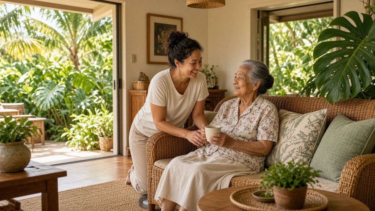 Compassionate caregiver assisting a smiling senior kupuna in a warm Hilo East Hawaii living room with lush tropical garden views