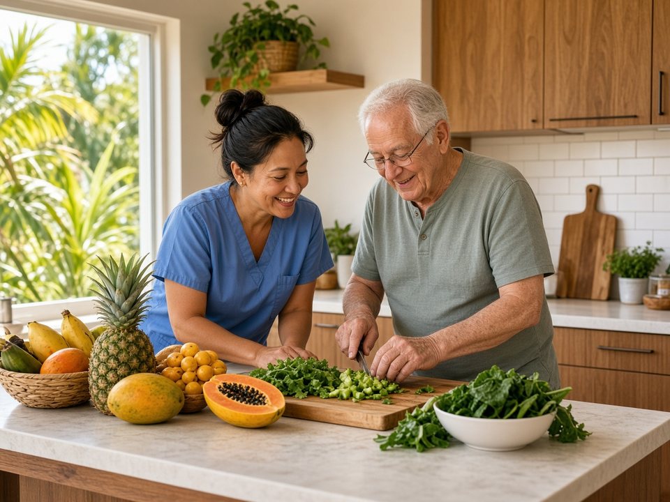 Caregiver helping an older adult with daily living activities and healthy meal preparation in a sunny Hilo & East Hawaiʻi Hawaii home kitchen